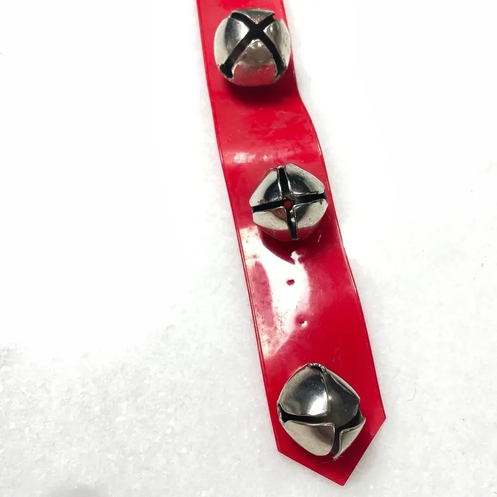Vintage Sleigh Bell Door Hanger Red Vinyl Strap Jingle MCM Christmas Pinecones
